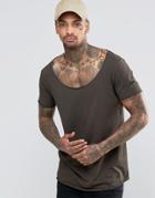 Asos Longline T-shirt With Raw Scoop Neck And Curved Hem In Khaki - Comrade Khaki