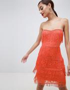 Asos Design Lace Insert Fringe Bandeau Mini Dress - Blue