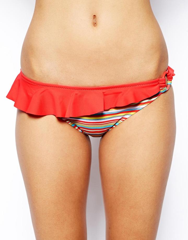 Marie Melli Aquarius Stripe Bikini Bottom With Contrast Frill - Maple Red Stripe