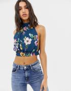 Love Halterneck Floral Cropped Top With Tie Back - Multi