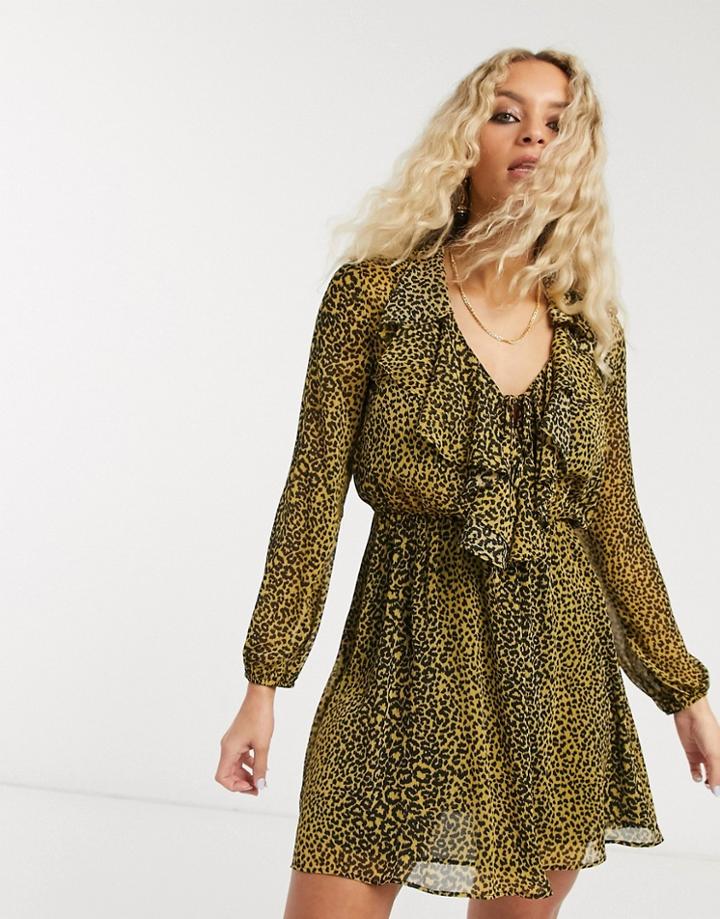 Topshop Ruffle Front Mini Dress In Mustard Animal Print-yellow