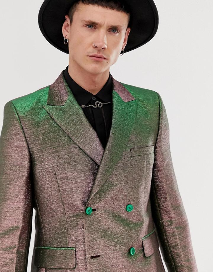 Asos Edition Slim Double Breasted Suit Jacket In Pink Two Tone Metallic