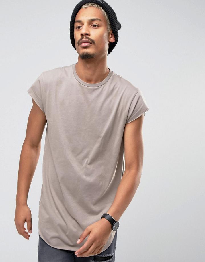 Asos Longline T-shirt In Drape Fabric With Cap Sleeve And Curved Hem -