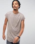 Asos Longline T-shirt In Drape Fabric With Cap Sleeve And Curved Hem -