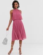 Asos Design Halter Tie Neck Midi Dress In Pleat-pink