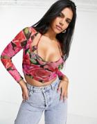 Asos Design Hourglass Long Sleeve Cupped Halter Top In Rose Print-multi