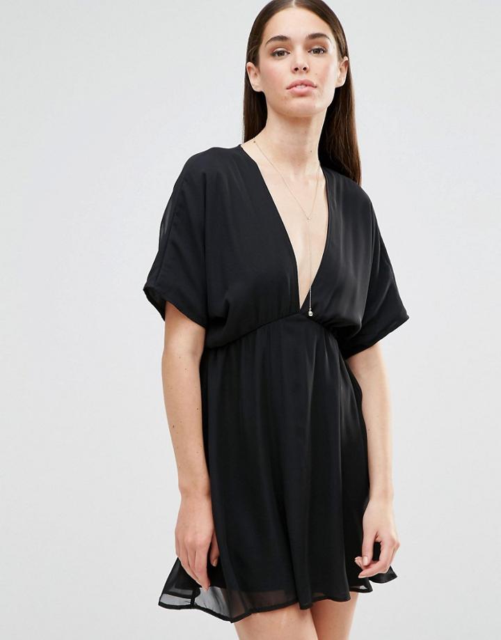 Twin Sister Kimono Sleeve Plunge Skater Dress - Black