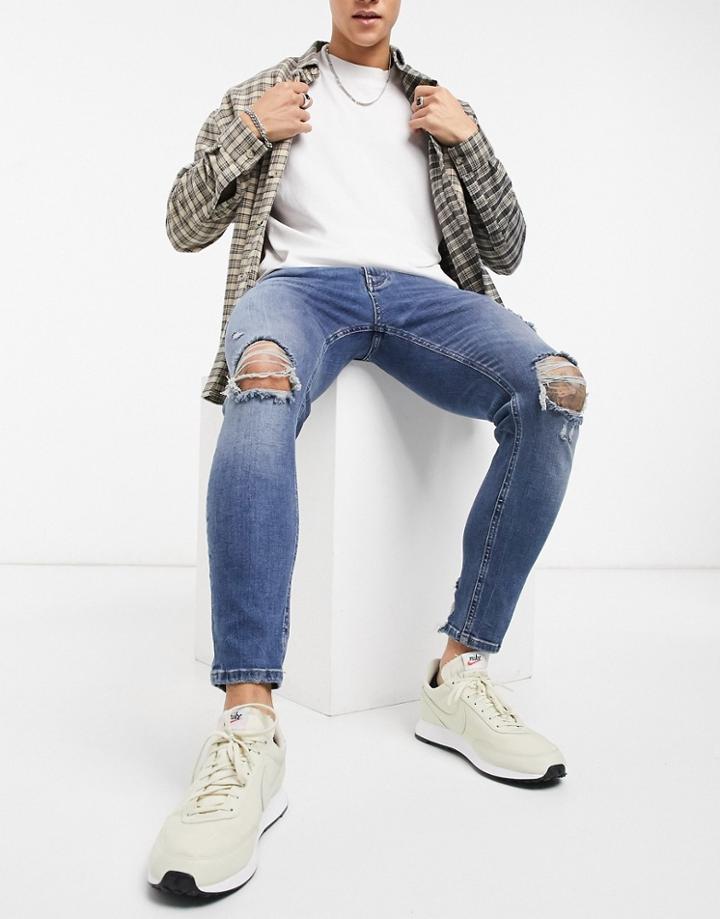 Pull & Bear Premium Skinny Fit Jeans In Medium Blue With Rips-blues