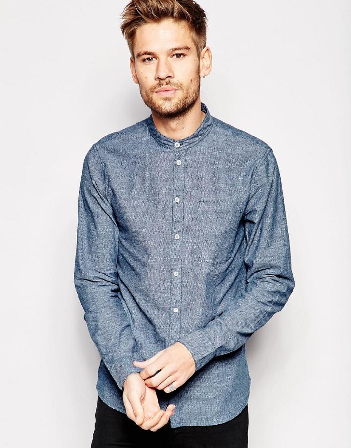 Blend Slim Collarless Shirt In Navy Chambray - Navy