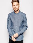 Blend Slim Collarless Shirt In Navy Chambray - Navy