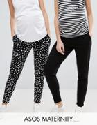 Asos Maternity 2 Pack Jersey Peg Pants In Plain Black And Polka Dot - Multi