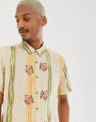 Asos Design Regular Fit Stripe Shirt With Floral Embroidery-stone