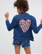 Monki Heart Stencil Back Denim Jacket - Blue