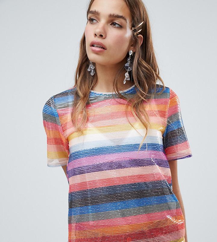New Look Rainbow Stripe Sequin Tee