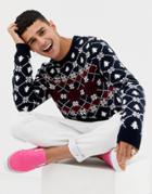 Asos Design Holidays Sweater With Festive Design In Navy