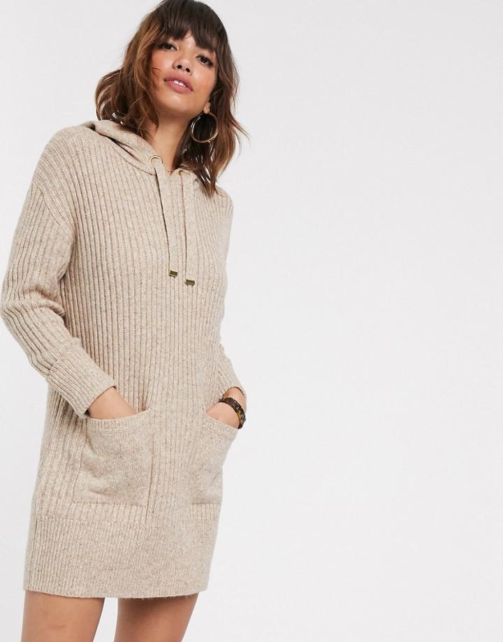 River Island Knitted Hoody Dress In Oatmeal-beige