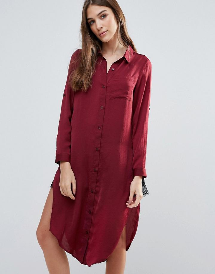 Influence Longline Satin Shirt - Red