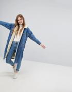 Monki Faux Shearling Longline Denim Jacket - Blue