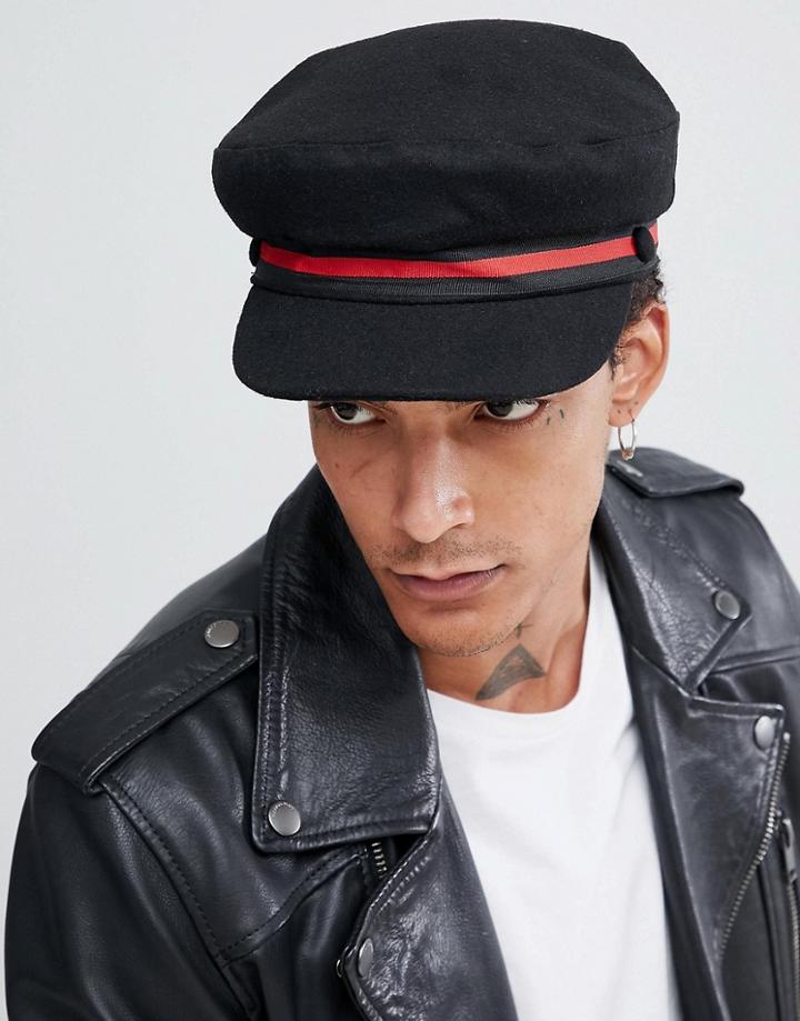 Asos Design Mariner Cap In Black Melton With Stripe Band - Black