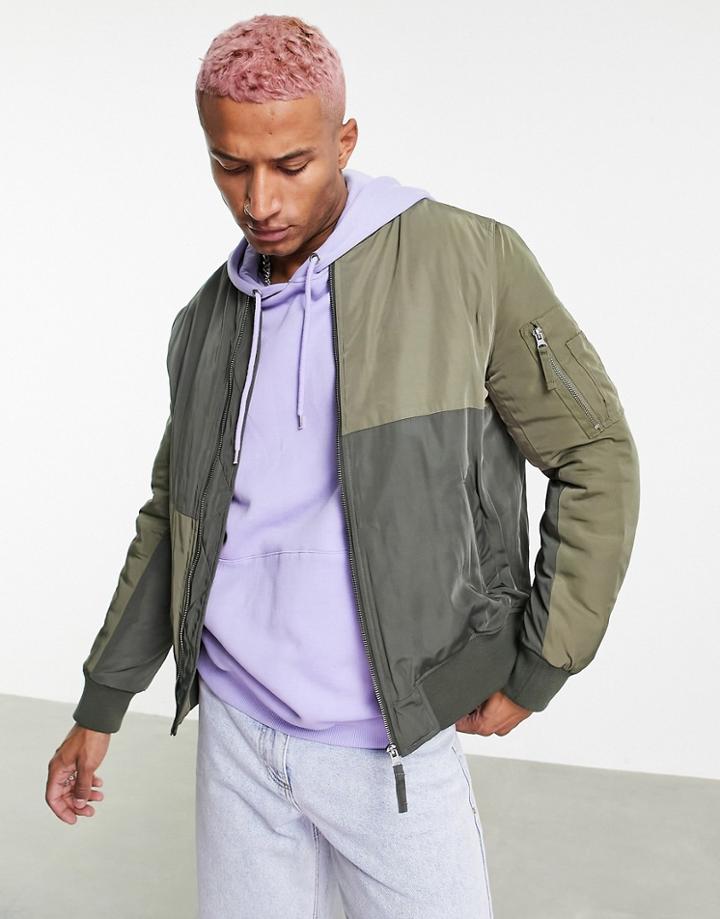 Topman Bomber Jacket In Cut And Sew Khaki-green