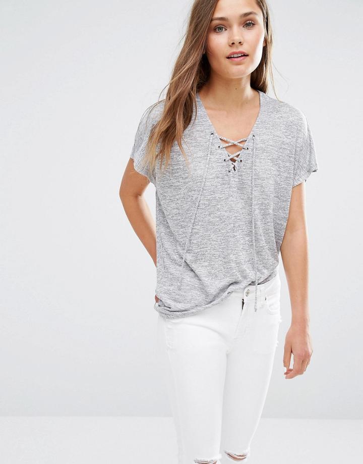 New Look Lace Up T-shirt - Gray