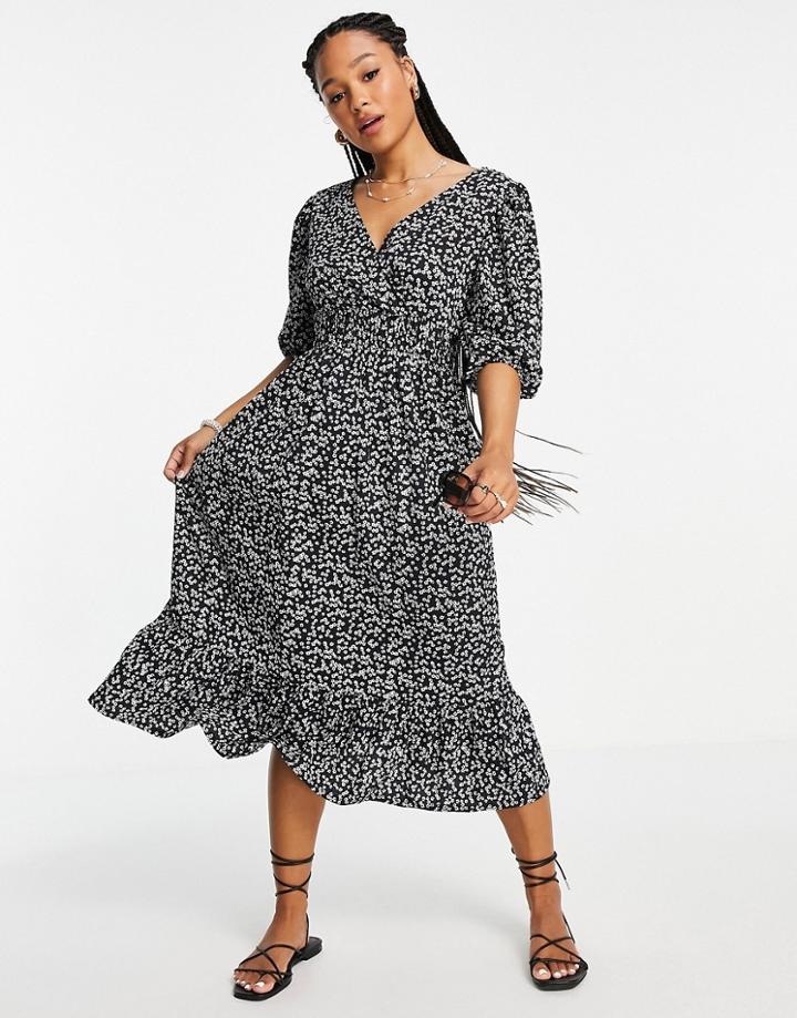 Miss Selfridge Jersey Wrap Midi Dress In Ditsy Print-black