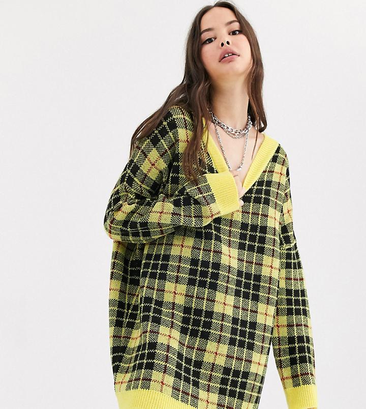 Collusion Oversized V Neck Check Sweater-yellow