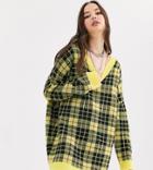 Collusion Oversized V Neck Check Sweater-yellow