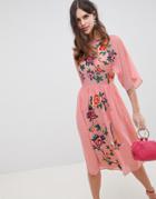 Asos Design Smock Midi Dress With Bird And Floral Embroidery - Pink