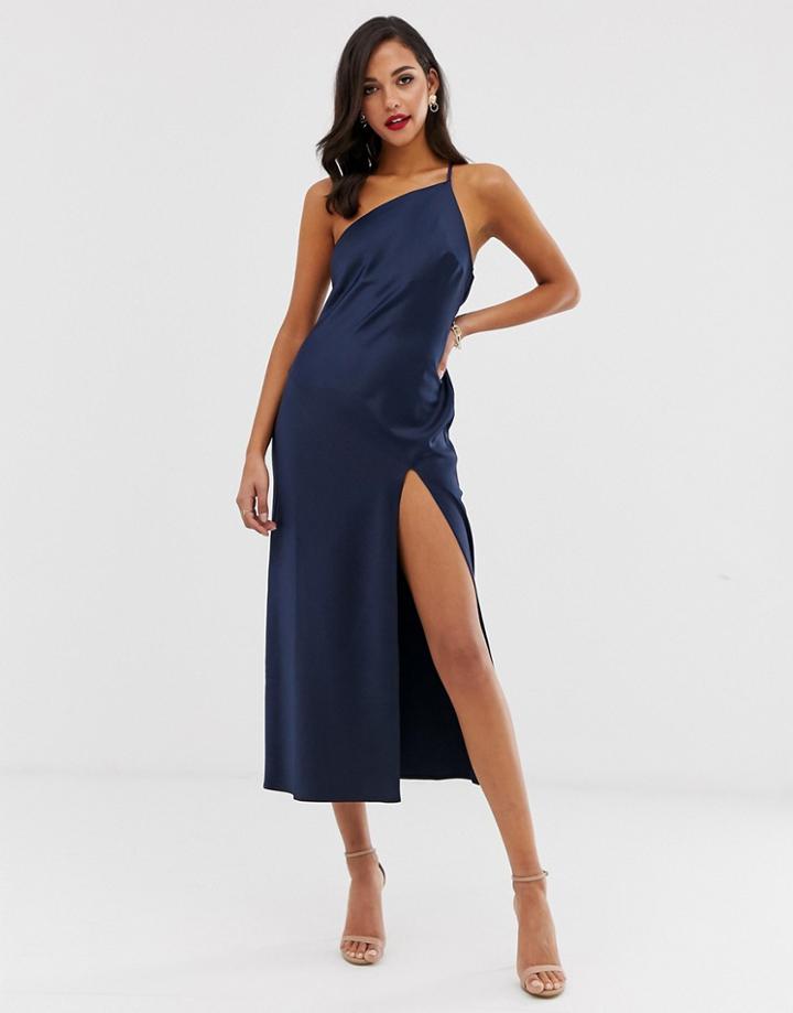 Asos Design One Shoulder Midaxi Dress In Satin With Drape Back - Navy