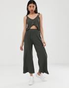 Asos Design Tie Shoulder Strappy Jumpsuit With Cut Out-green