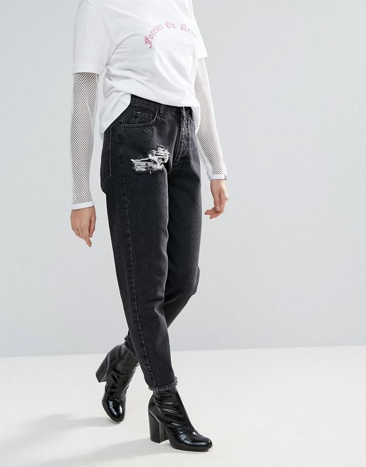 Chorus Frayed Hem Mom Jeans - Black