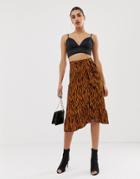 Boohoo Ruffle Wrap Midi Skirt In Tiger - Multi