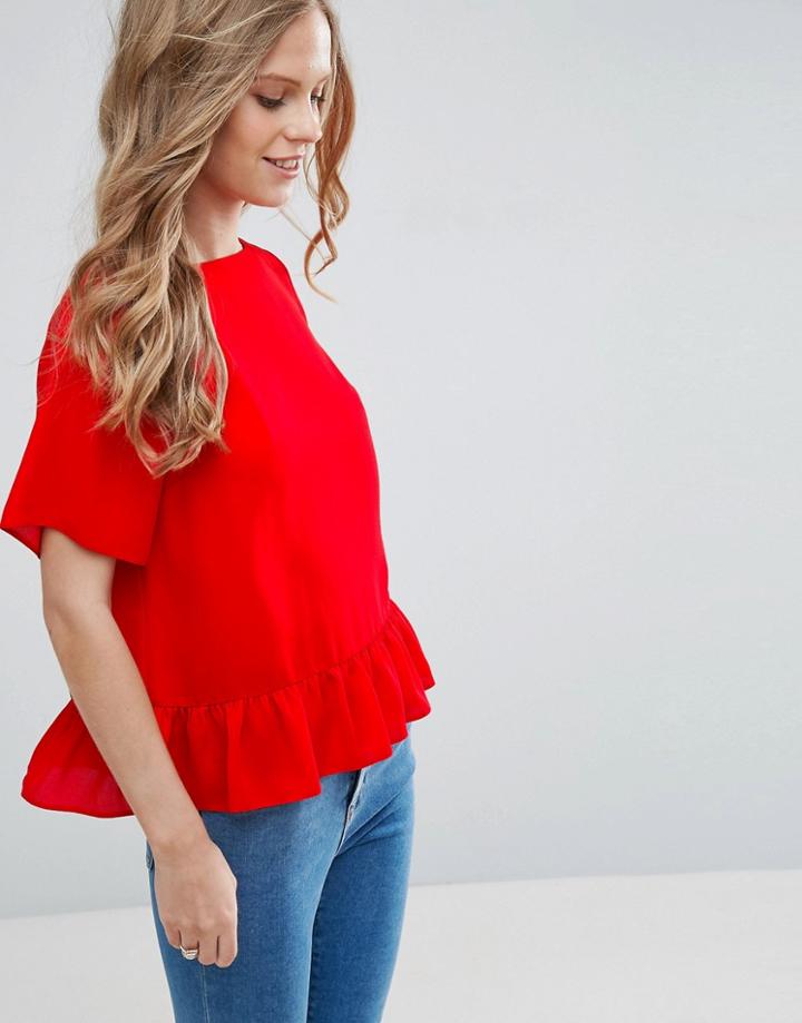 Asos Woven T-shirt With Ruffle Hem - Red