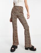 Topshop Floral Print Plisse Flared Pants In Brown