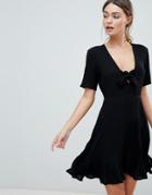 Asos Design Crinkle Mini Skater Dress With Front Tie - Black