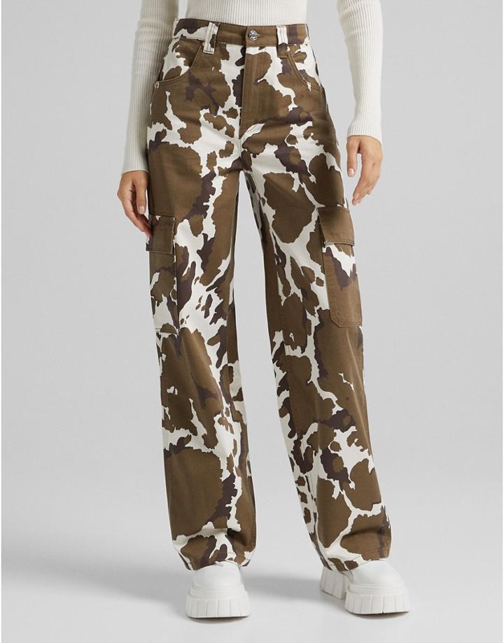 Bershka Cow Print Cargo Pants In Brown