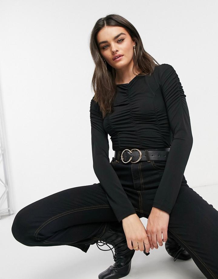 Vila Ruched Long Sleeve Top In Black