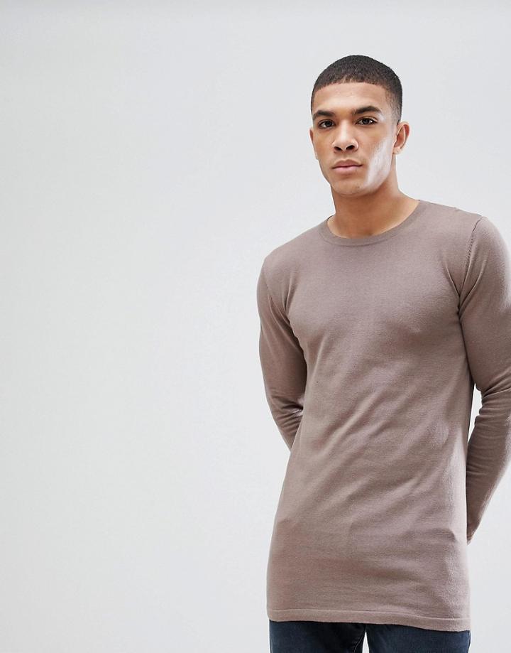 Asos Longline Cotton Sweater In Light Brown - Brown