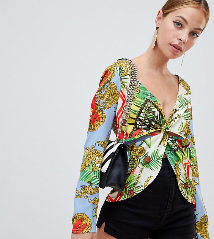 Boohoo Petite Twist Front Scarf Print Top - Multi