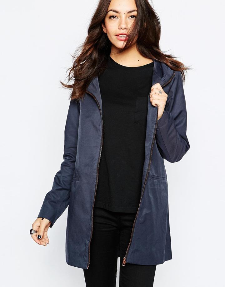 Only Hooded Zip Front Rain Jacket - Navy