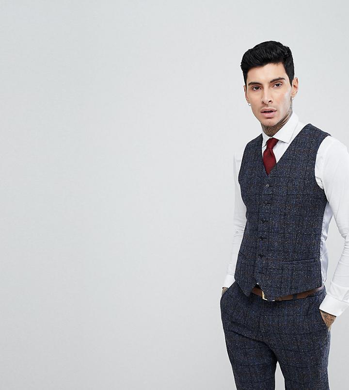 Heart & Dagger Slim Vest In Harris Tweed In Check - Navy