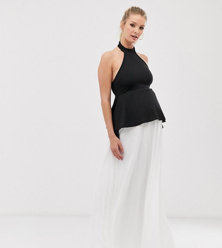 Asos Design Maternity Color Block Halter Peplum Detail Pleated Maxi Dress - Black