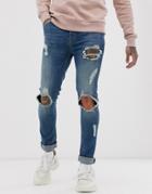 Asos Design Super Skinny Jeans In Green Cast Blue With Open Rips - Blue