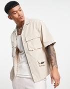 Topman Short Sleeve Overshirt With Patch Pockets In Stone-neutral