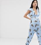 Kiss The Sky Plunge Jumpsuit In Satin Cheetah Print - Blue