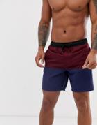 Asos Design Swim Shorts With Burgundy And Navy Cut And Sew In Mid Length-green