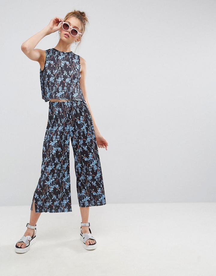 Asos Cropped Pant In Plisse Pleat With Floral Print - Multi