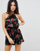 Ax Paris Floral Frill Romper - Black