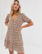 Asos Design Mini Plisse Tea Dress Pep Hem In Ditsy Print - Multi